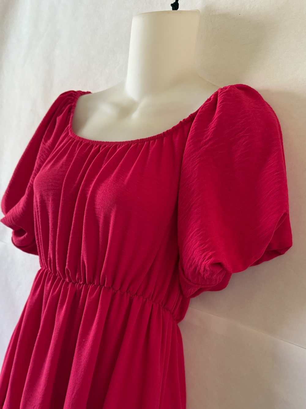 See You Monday Hot Pink Tiered Midi Dress Size L Puff Sleeve Romantic Cottage - Picture 6 of 12